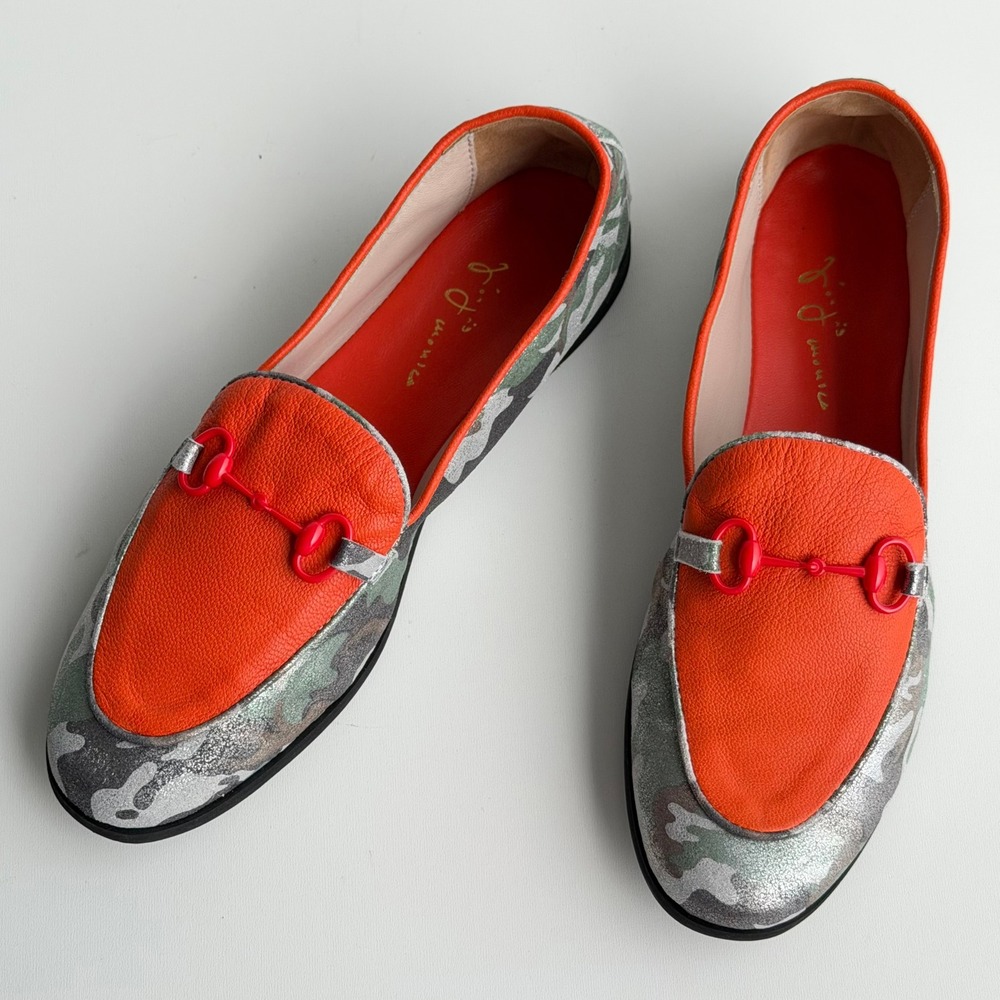 Mocassino Camo Horsebit Loafers size 38 Orange Metallic Silver Leather Italy